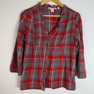 Sundance Red and Gray Plaid Ruffle Button Down Flannel shirt Medium Western
